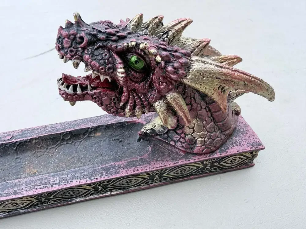 Red and Gold Dragon Head Resin Incense Burner Holder with Green Eyes